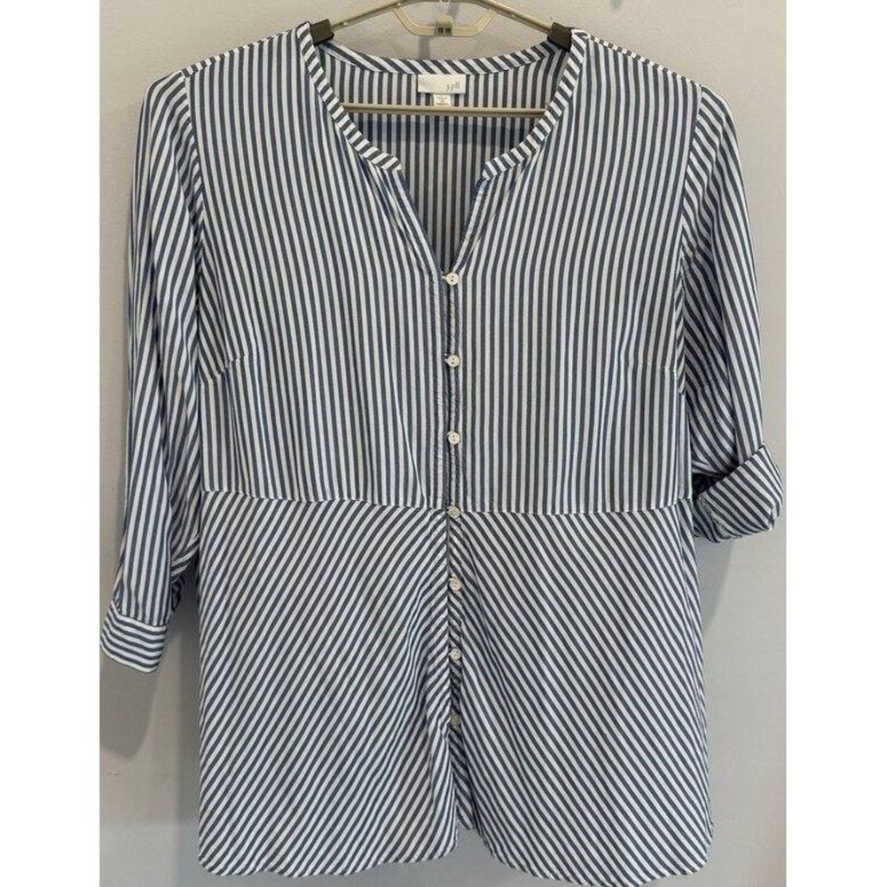 J Jill Blue White Stripe Button Long Roll‎ Tab Sleeve Swing Shirt Size 2X